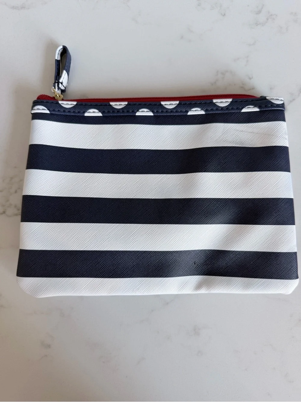 Striped Navy and White Zip Pouch with Red Lining